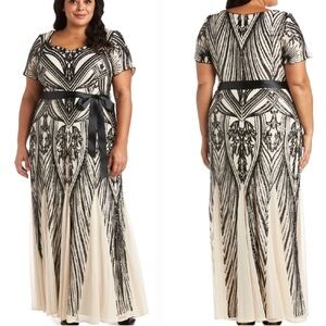 R&M Richards Black and Silver Sequin Maxi Gown Size 16 NWT